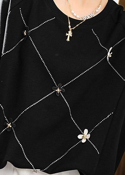 Women Black O-Neck Floral Tops Short Sleeve LY1522