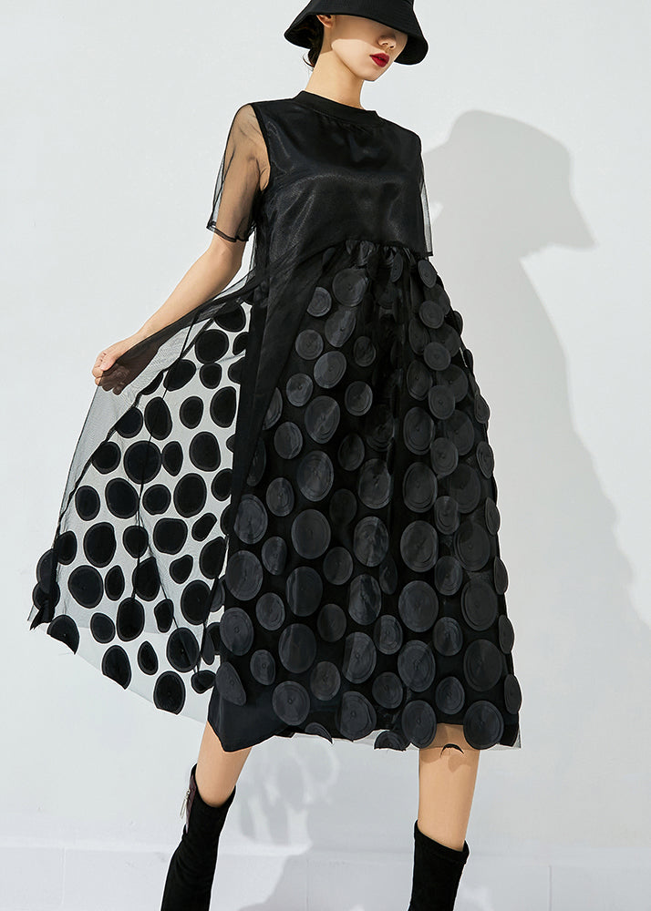 Women Black O-Neck Patchwork Dot Tulle Holiday Dress Summer LY0833