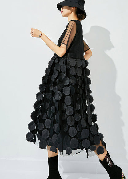 Women Black O-Neck Patchwork Dot Tulle Holiday Dress Summer LY0833