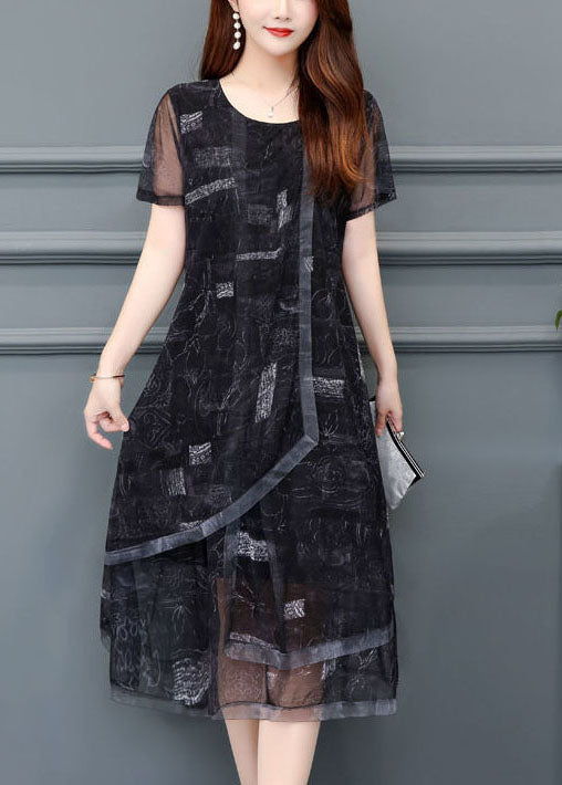 Women Black O-Neck Print Chiffon Holiday Dress Summer LC0069