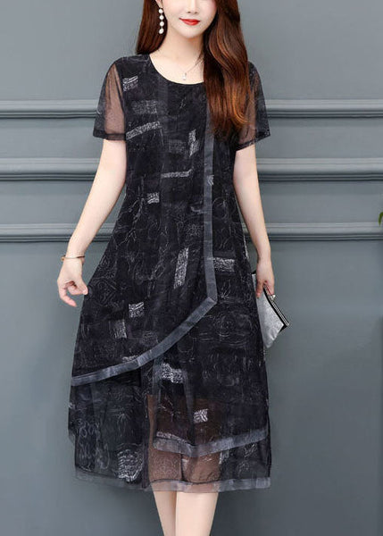 Women Black O-Neck Print Chiffon Holiday Dress Summer LC0069
