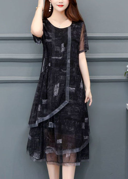 Women Black O-Neck Print Chiffon Holiday Dress Summer LC0069