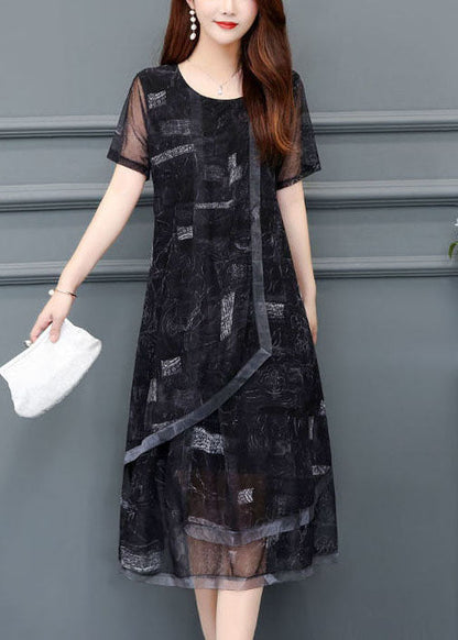 Women Black O-Neck Print Chiffon Holiday Dress Summer LC0069