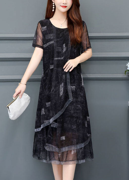 Women Black O-Neck Print Chiffon Holiday Dress Summer LC0069