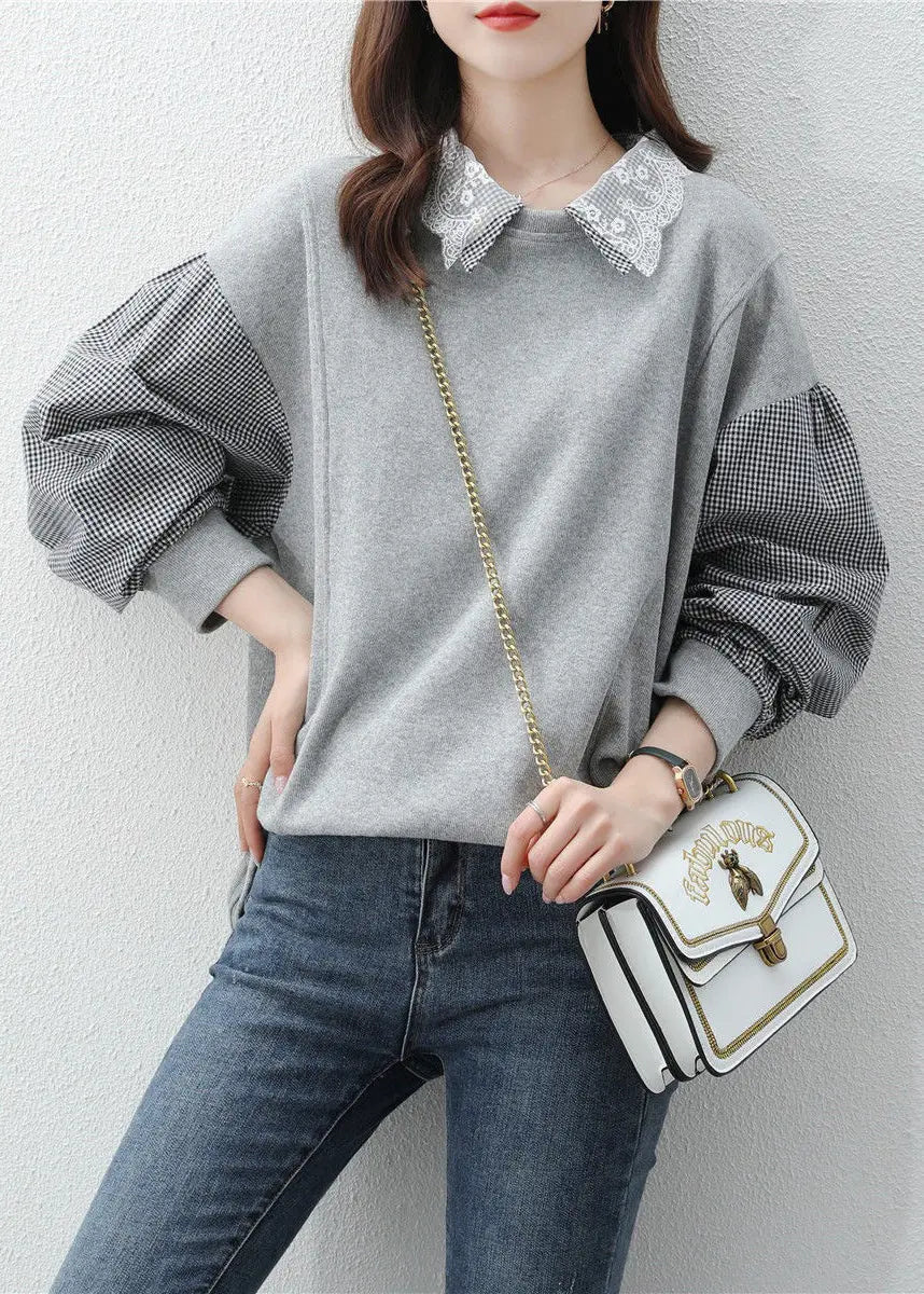 Women Black Peter Pan Collar Patchwork False Two Pieces Cotton Sweatshirt Fall Ada Fashion