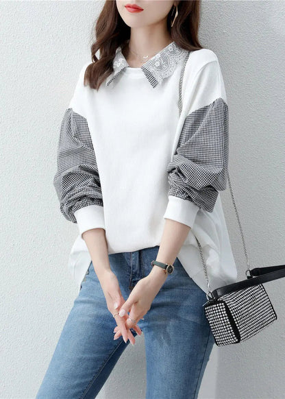 Women Black Peter Pan Collar Patchwork False Two Pieces Cotton Sweatshirt Fall Ada Fashion