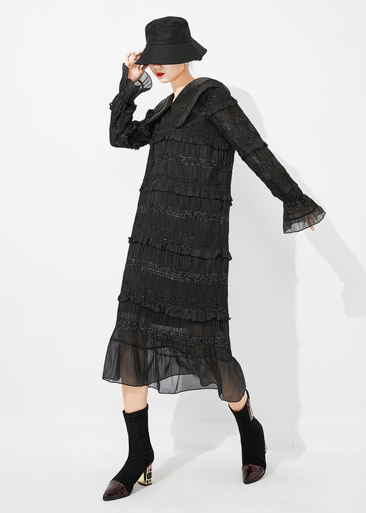 Women Black Peter Pan Collar Ruffled Patchwork Wrinkled Long Dress Spring LY0884