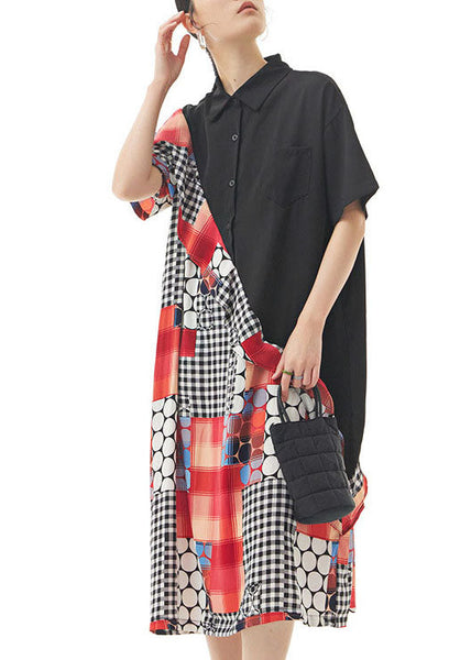 Women Black Peter Pan Collar Ruffled Print Patchwork Chiffon Dresses Summer LY1139