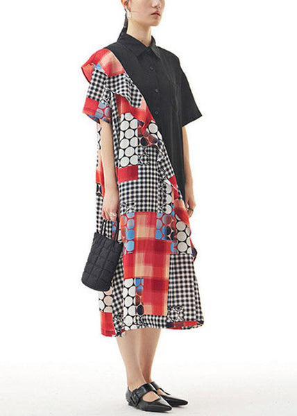 Women Black Peter Pan Collar Ruffled Print Patchwork Chiffon Dresses Summer LY1139