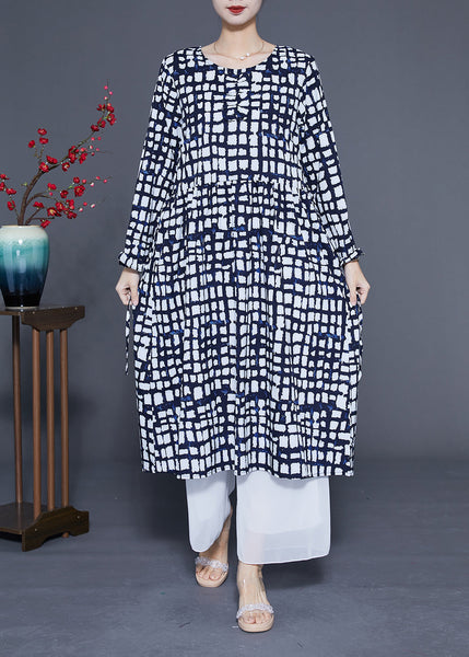 Women Black Plaid Tie Waist Chiffon Long Dress Summer LY1098