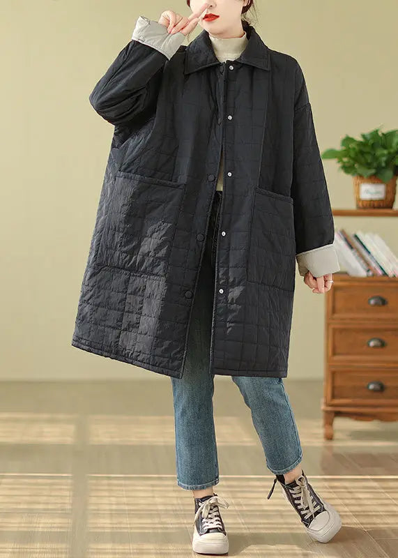 Women Black Pockets Button Patchwork Fine Cotton Filled Coat Winter Ada Fashion