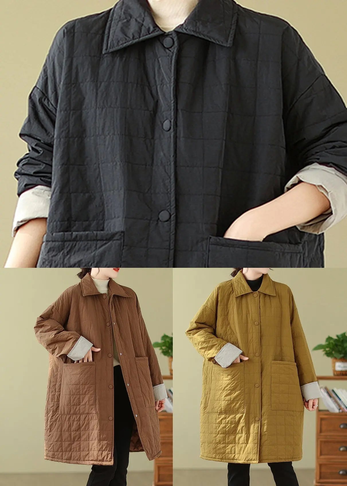 Women Black Pockets Button Patchwork Fine Cotton Filled Coat Winter Ada Fashion