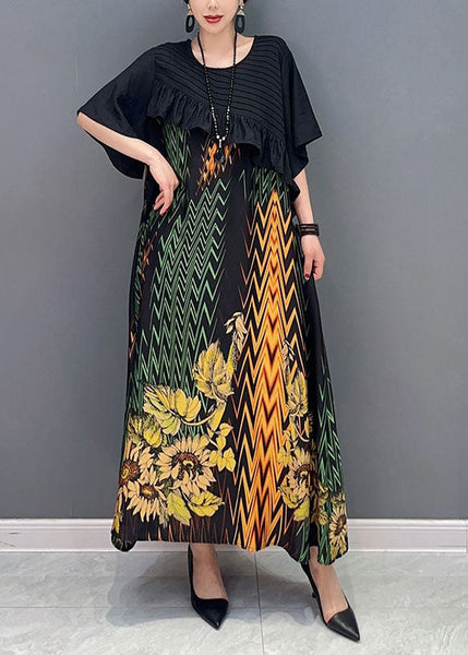 Women Black Print Patchwork Ruffled Silk Dress Summer LY1600
