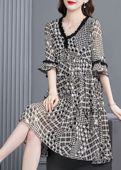 Women Black Ruffled Patchwork Print Exra Large Hem Chiffon Dresses Half Sleeve FR2018