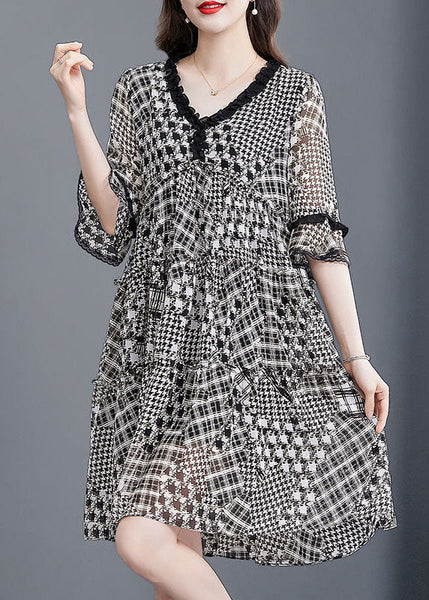 Women Black Ruffled Patchwork Print Exra Large Hem Chiffon Dresses Half Sleeve FR2018