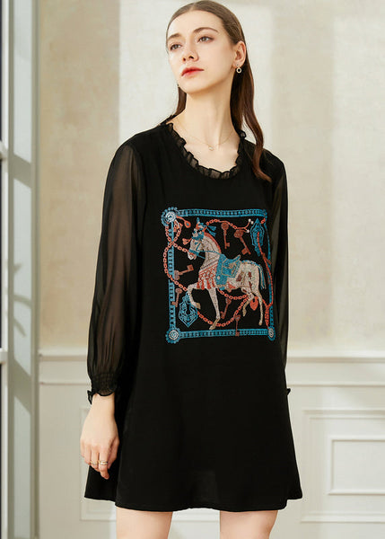 Women Black Ruffled Print Chiffon Holiday Dress Spring LY0284