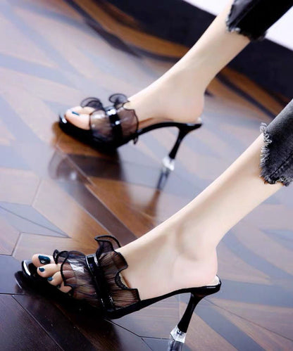 Women Black Ruffles Tulle High Heel Slippers Peep Toe Stiletto Sandals LC0193