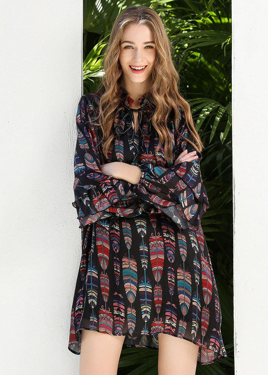 Women Black Stand Collar Lace Up Print Chiffon Dress Butterfly Sleeve LY0251