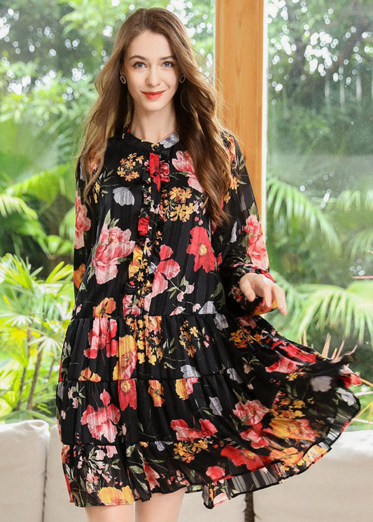 Women Black Stand Collar Patchwork Print Chiffon Pleated Dresses Spring LY0319