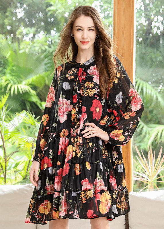 Women Black Stand Collar Patchwork Print Chiffon Pleated Dresses Spring LY0319