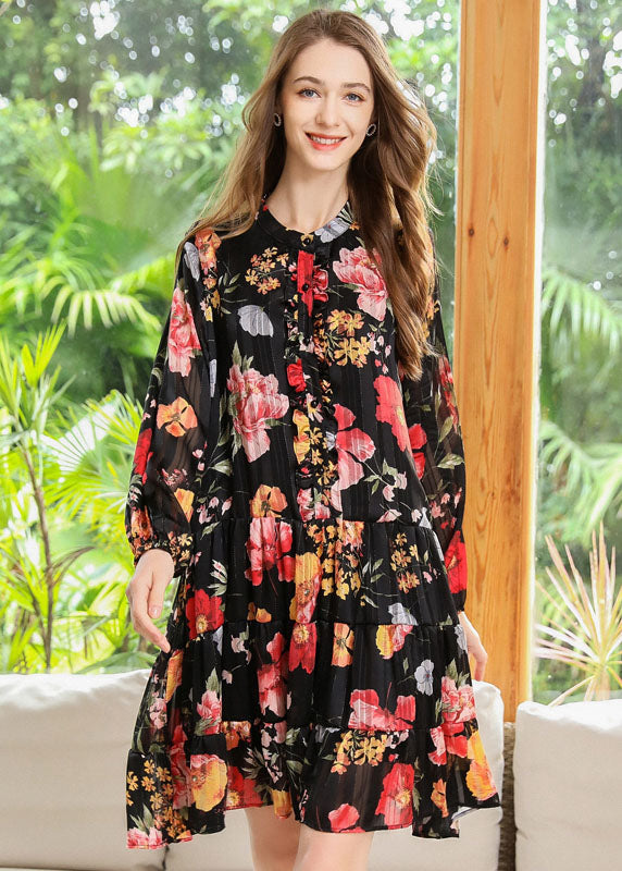 Women Black Stand Collar Patchwork Print Chiffon Pleated Dresses Spring LY0319