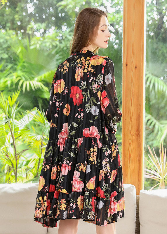 Women Black Stand Collar Patchwork Print Chiffon Pleated Dresses Spring LY0319