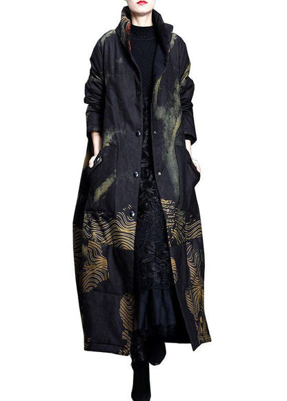 Women Black Stand Collar Pockets Print Fine Cotton Filled Trench Coat Spring AC2041