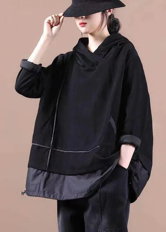 Women Black Striped Hooded Patchwork Warm Fleece Pullover Sweatshirt Winter Ada Fashion