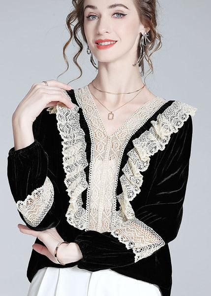 Women Black V Neck Lace Patchwork Silk Velour Top Spring LY0120
