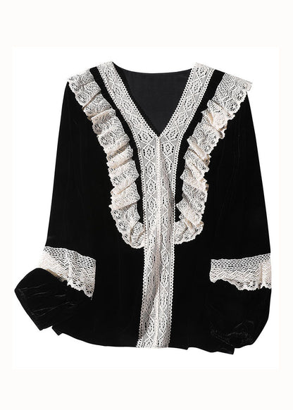 Women Black V Neck Lace Patchwork Silk Velour Top Spring LY0120