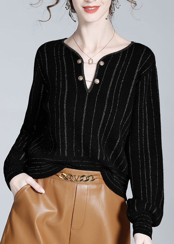 Women Black V Neck Striped Button Woolen Top Spring LY0148