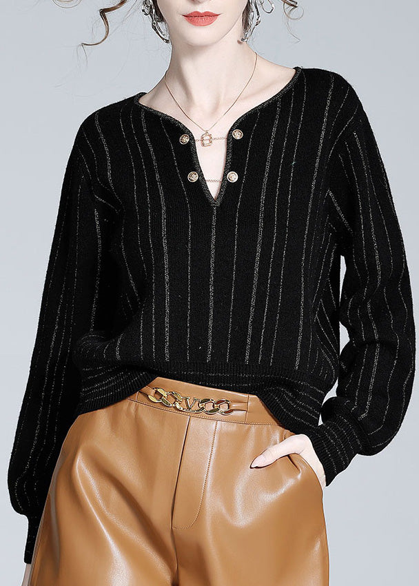 Women Black V Neck Striped Button Woolen Top Spring LY0148