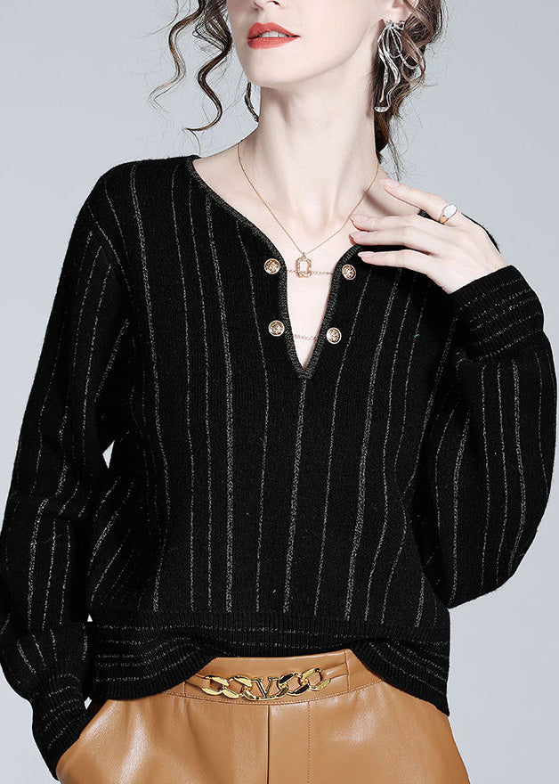 Women Black V Neck Striped Button Woolen Top Spring LY0148