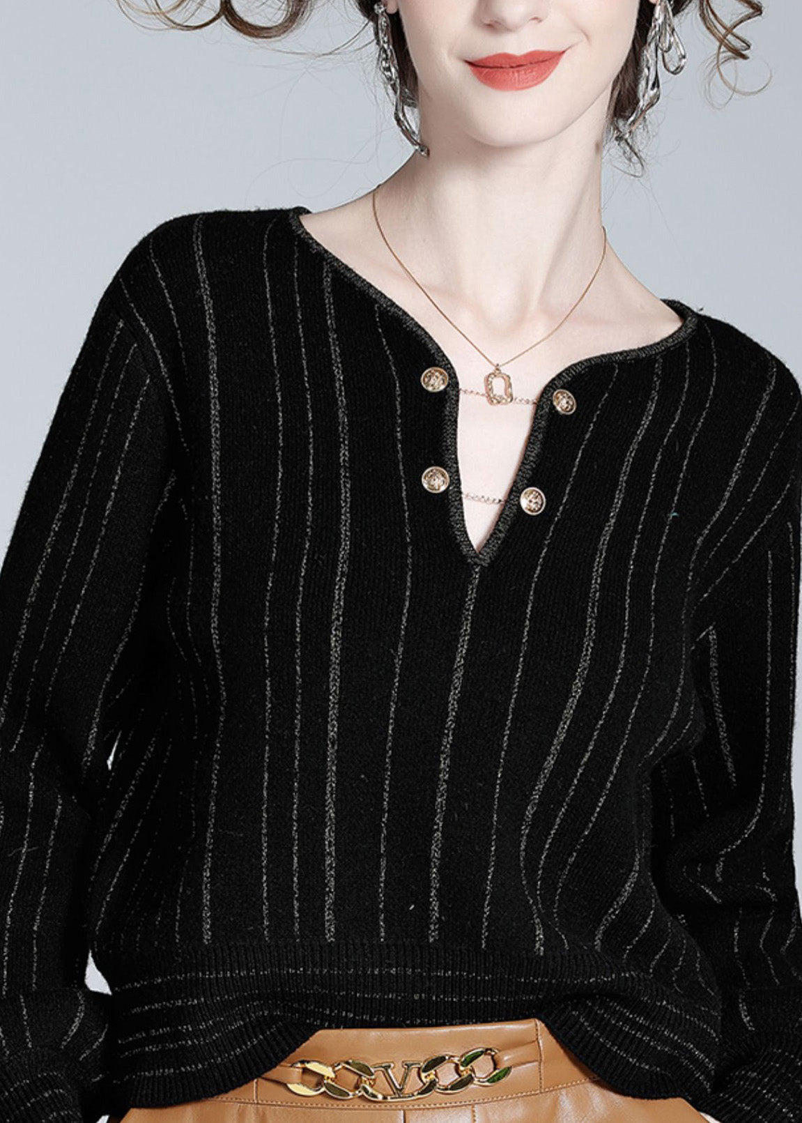 Women Black V Neck Striped Button Woolen Top Spring LY0148