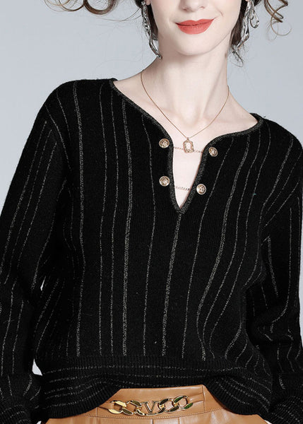 Women Black V Neck Striped Button Woolen Top Spring LY0148
