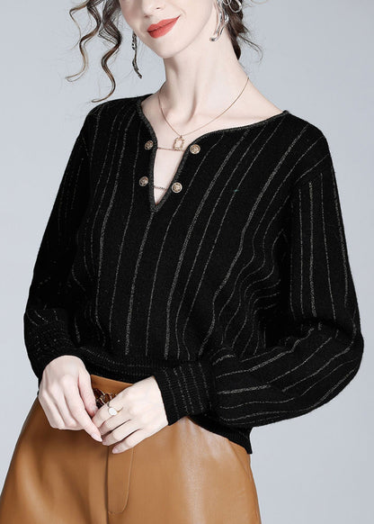 Women Black V Neck Striped Button Woolen Top Spring LY0148