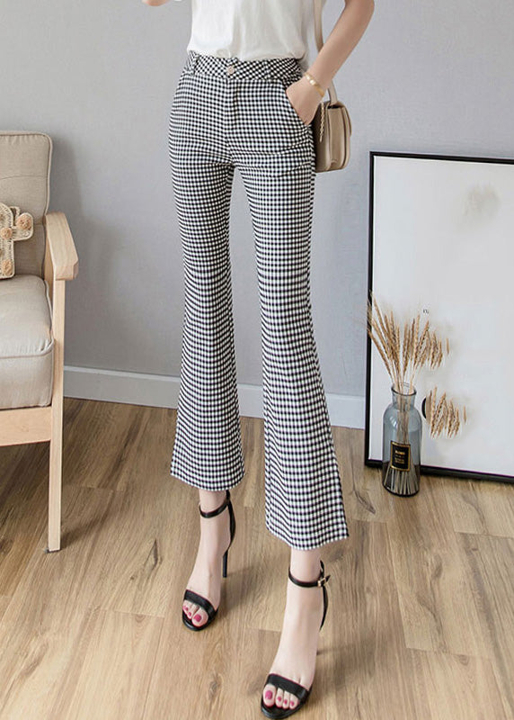 Women Black White Plaid High Waist Side Open Button Crop Pants Spring LY0169