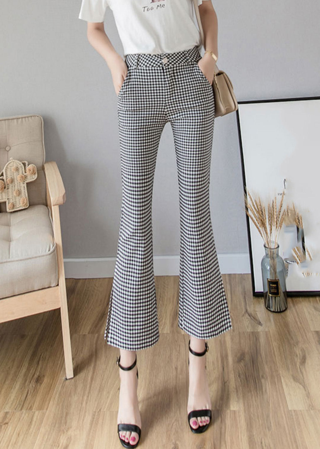 Women Black White Plaid High Waist Side Open Button Crop Pants Spring LY0169