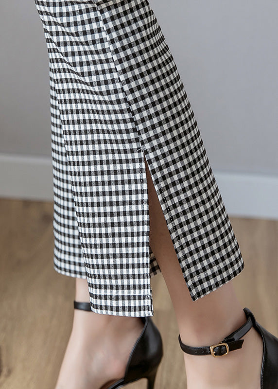 Women Black White Plaid High Waist Side Open Button Crop Pants Spring LY0169