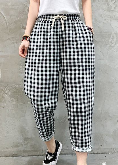 Women Black White Plaid Tie Waist Crop Beam Pants TQ1041