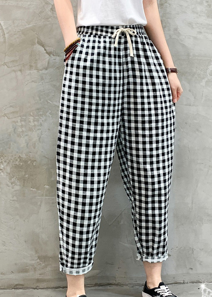 Women Black White Plaid Tie Waist Crop Beam Pants TQ1041