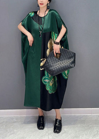 Women Blackish Green Oversized Patchwork Print Silk Dress Batwing Sleeve LY1571