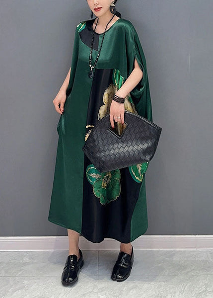 Women Blackish Green Oversized Patchwork Print Silk Dress Batwing Sleeve LY1571