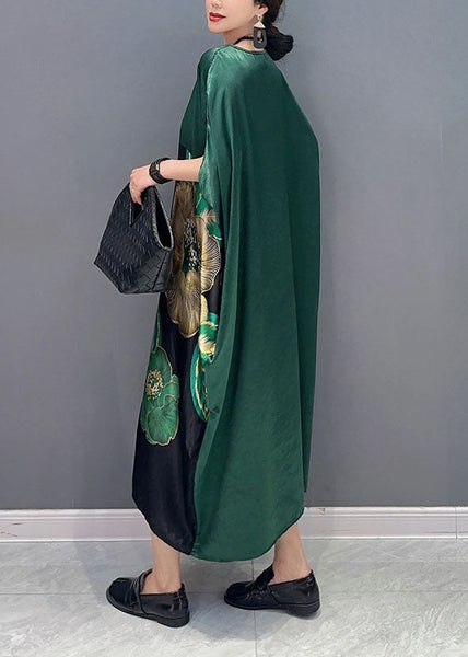 Women Blackish Green Oversized Patchwork Print Silk Dress Batwing Sleeve LY1571