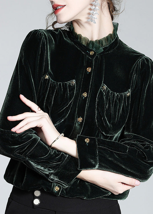 Women Blackish Green Stand Collar Button Silk Velour Shirt Long Sleeve LY1006