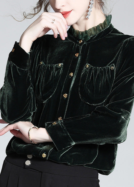 Women Blackish Green Stand Collar Button Silk Velour Shirt Long Sleeve LY1006