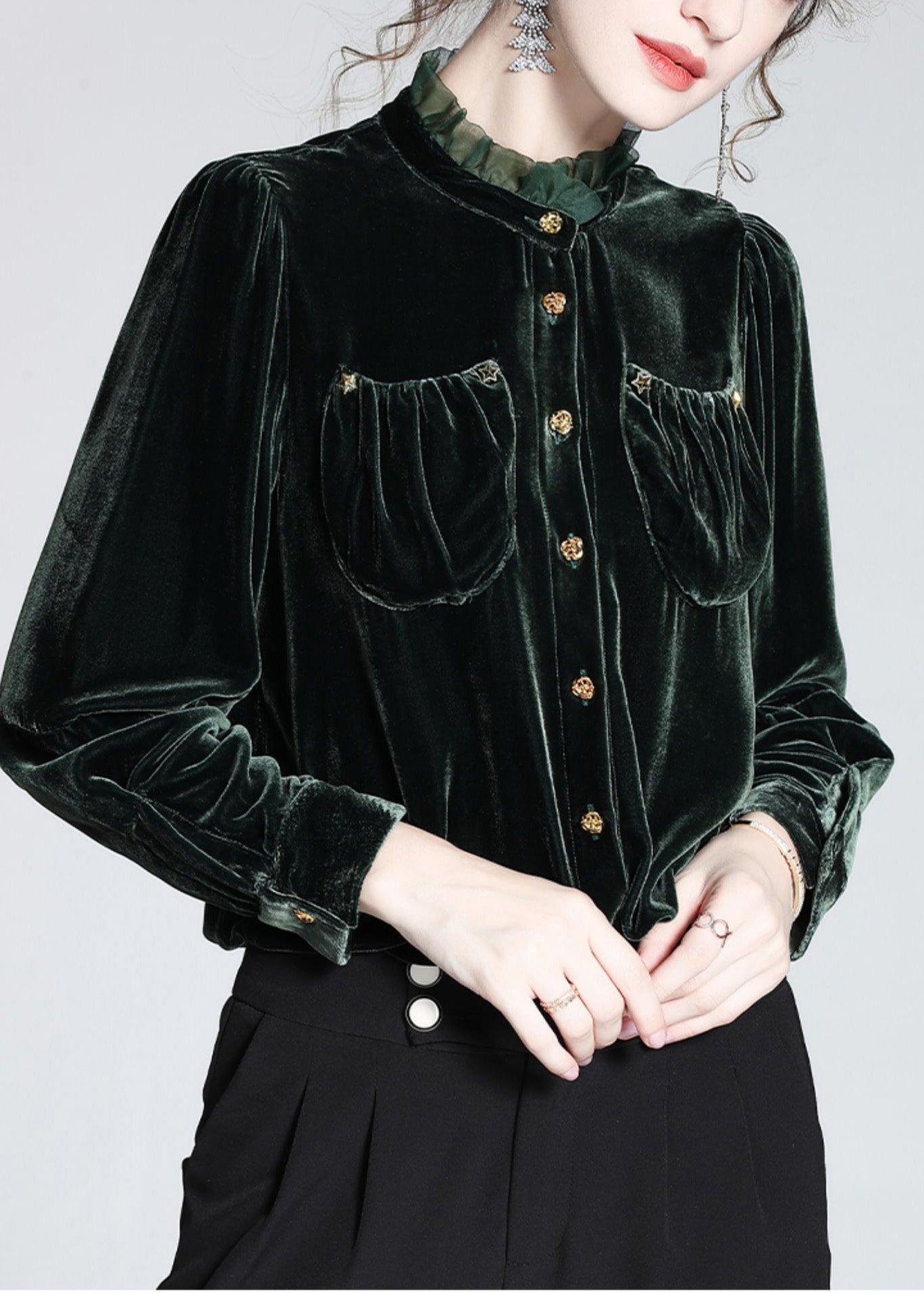 Women Blackish Green Stand Collar Button Silk Velour Shirt Long Sleeve LY1006