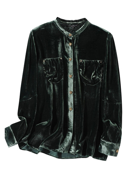 Women Blackish Green Stand Collar Button Silk Velour Shirt Long Sleeve LY1006