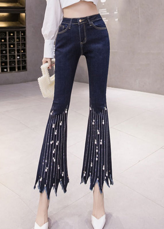 Women Blue High Waist Button Tassel Crop Jeans Spring LY0164