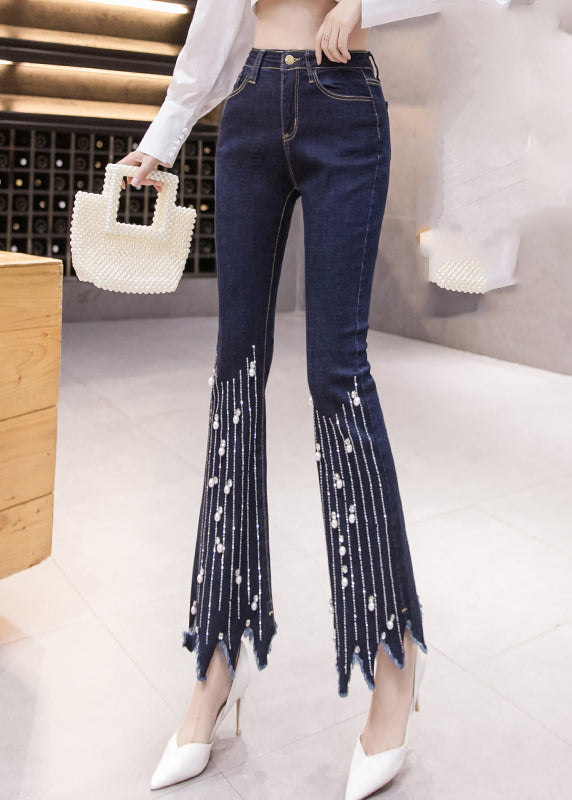 Women Blue High Waist Button Tassel Crop Jeans Spring LY0164